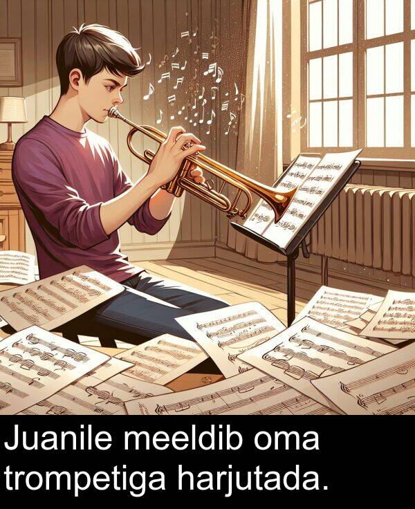 trompetiga: Juanile meeldib oma trompetiga harjutada.
