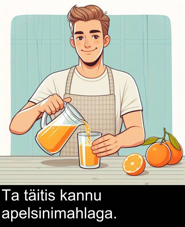 täitis: Ta täitis kannu apelsinimahlaga.