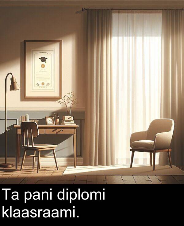 diplomi: Ta pani diplomi klaasraami.