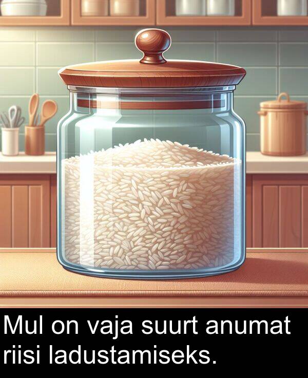 ladustamiseks: Mul on vaja suurt anumat riisi ladustamiseks.