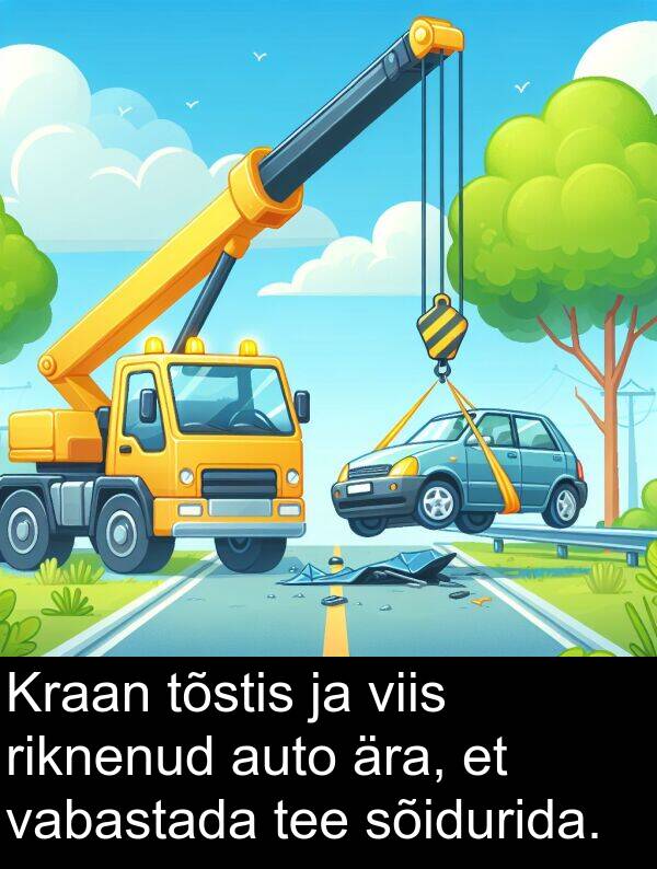 riknenud: Kraan tõstis ja viis riknenud auto ära, et vabastada tee sõidurida.