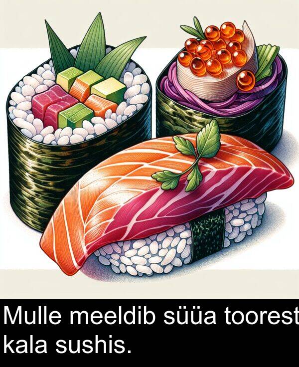 süüa: Mulle meeldib süüa toorest kala sushis.