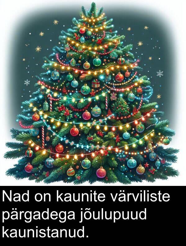 värviliste: Nad on kaunite värviliste pärgadega jõulupuud kaunistanud.