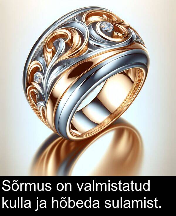 sulamist: Sõrmus on valmistatud kulla ja hõbeda sulamist.