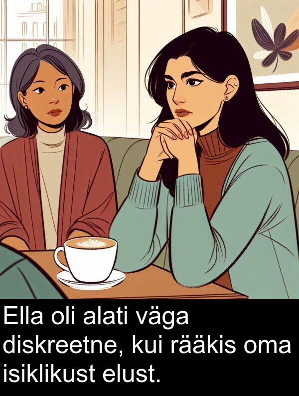 diskreetne: Ella oli alati väga diskreetne, kui rääkis oma isiklikust elust.