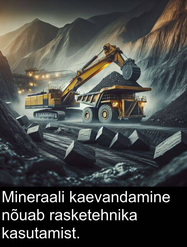 kaevandamine: Mineraali kaevandamine nõuab rasketehnika kasutamist.