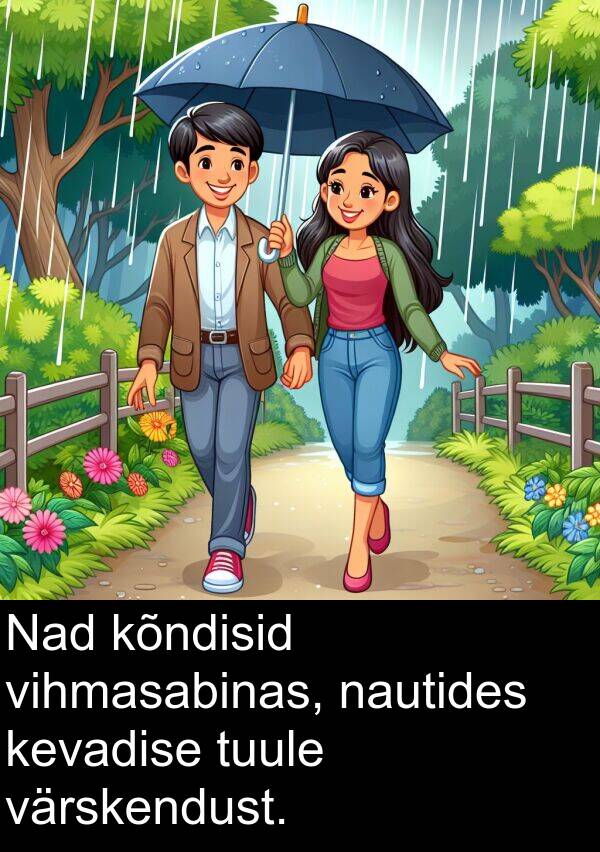 värskendust: Nad kõndisid vihmasabinas, nautides kevadise tuule värskendust.