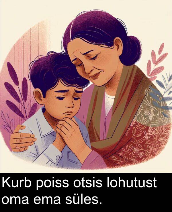 lohutust: Kurb poiss otsis lohutust oma ema süles.