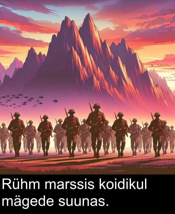 suunas: Rühm marssis koidikul mägede suunas.
