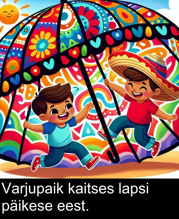 päikese: Varjupaik kaitses lapsi päikese eest.