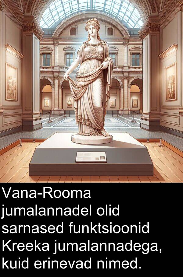 erinevad: Vana-Rooma jumalannadel olid sarnased funktsioonid Kreeka jumalannadega, kuid erinevad nimed.