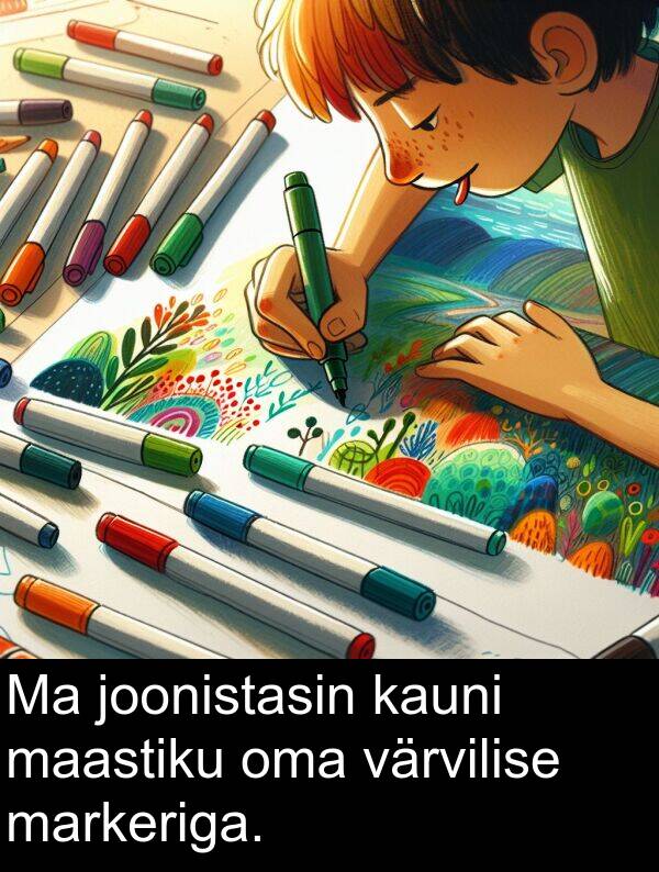 värvilise: Ma joonistasin kauni maastiku oma värvilise markeriga.