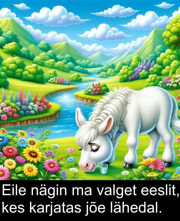 jõe: Eile nägin ma valget eeslit, kes karjatas jõe lähedal.