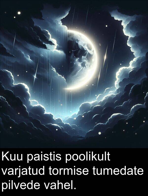 poolikult: Kuu paistis poolikult varjatud tormise tumedate pilvede vahel.