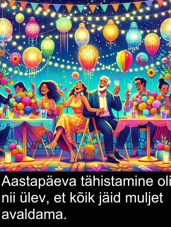tähistamine: Aastapäeva tähistamine oli nii ülev, et kõik jäid muljet avaldama.