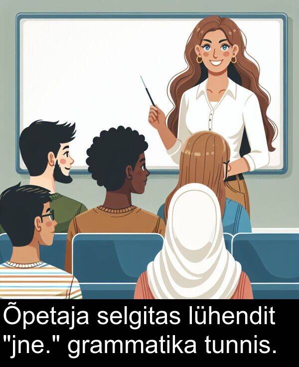 grammatika: Õpetaja selgitas lühendit "jne." grammatika tunnis.