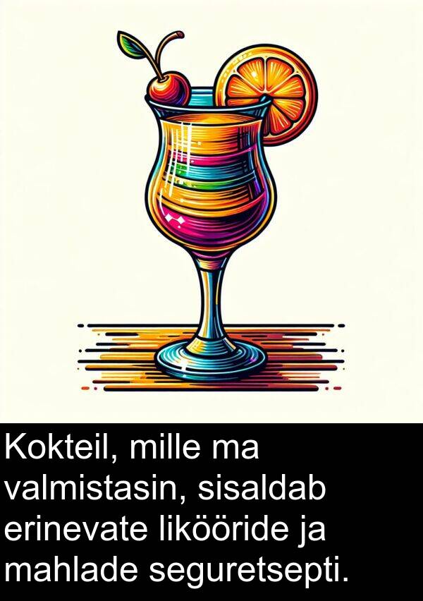 erinevate: Kokteil, mille ma valmistasin, sisaldab erinevate likööride ja mahlade seguretsepti.