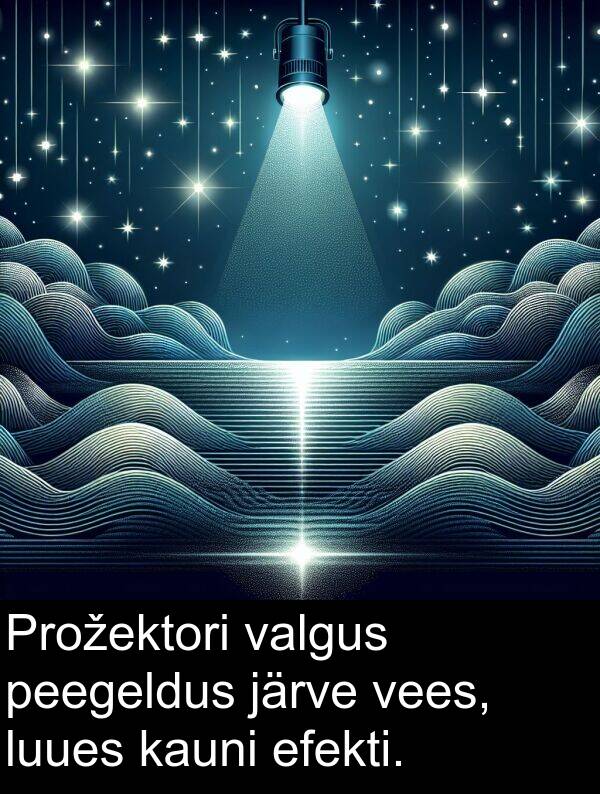 luues: Prožektori valgus peegeldus järve vees, luues kauni efekti.