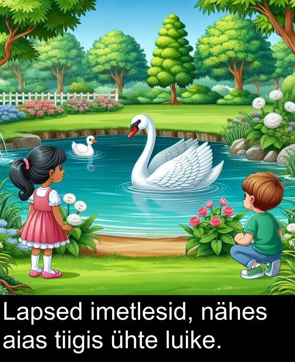 aias: Lapsed imetlesid, nähes aias tiigis ühte luike.
