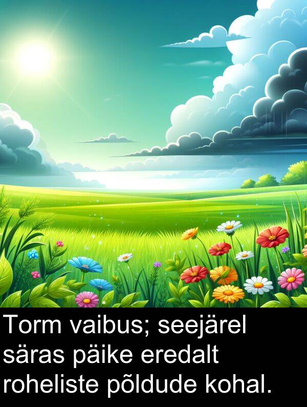 eredalt: Torm vaibus; seejärel säras päike eredalt roheliste põldude kohal.
