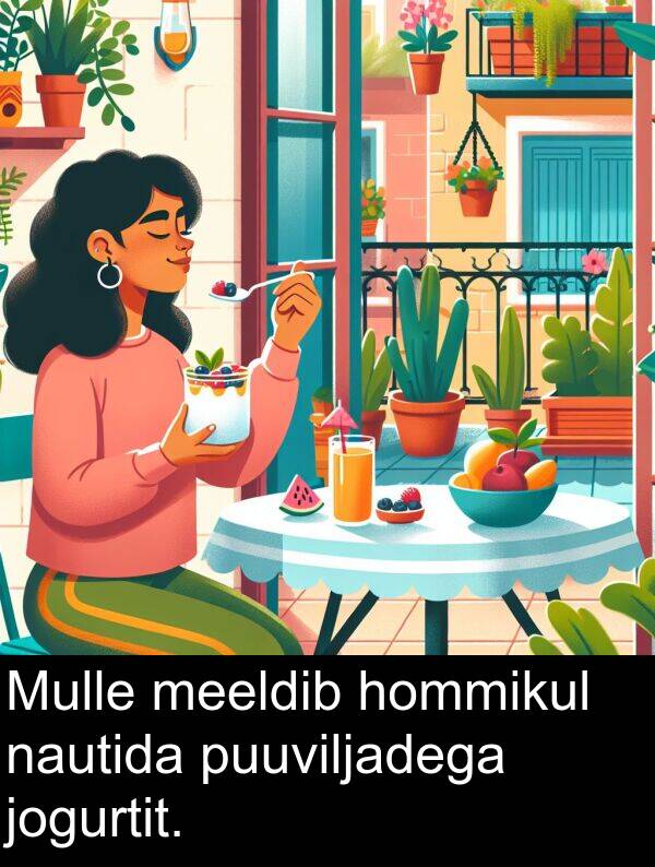 jogurtit: Mulle meeldib hommikul nautida puuviljadega jogurtit.
