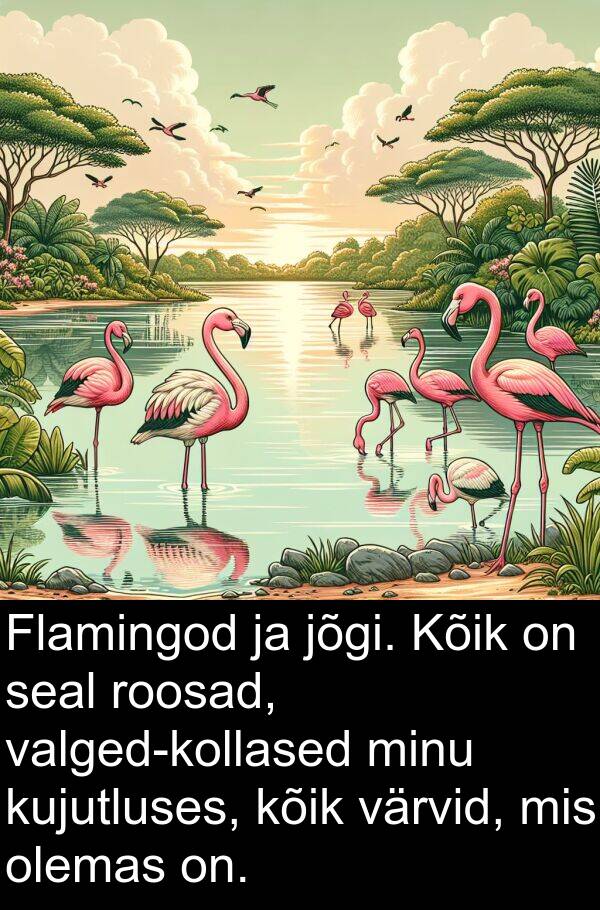 jõgi: Flamingod ja jõgi. Kõik on seal roosad, valged-kollased minu kujutluses, kõik värvid, mis olemas on.