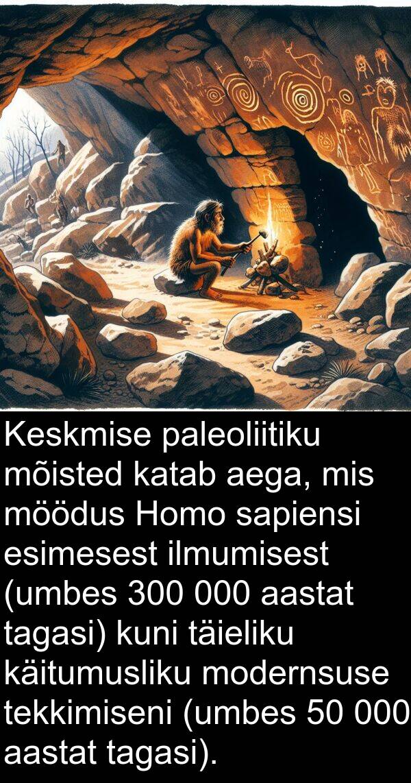 esimesest: Keskmise paleoliitiku mõisted katab aega, mis möödus Homo sapiensi esimesest ilmumisest (umbes 300 000 aastat tagasi) kuni täieliku käitumusliku modernsuse tekkimiseni (umbes 50 000 aastat tagasi).