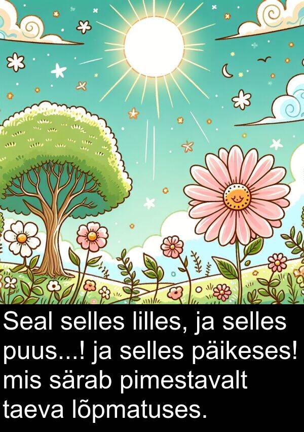 pimestavalt: Seal selles lilles, ja selles puus...! ja selles päikeses! mis särab pimestavalt taeva lõpmatuses.
