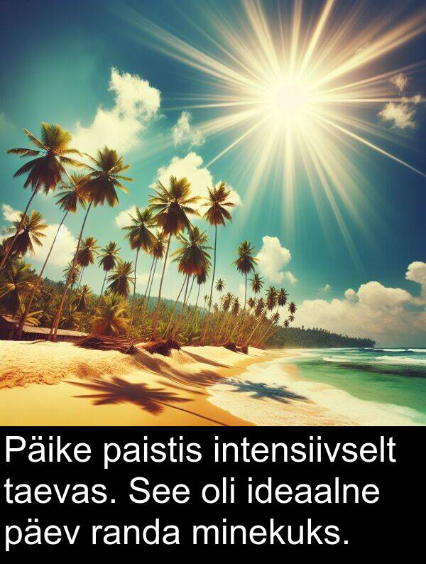 intensiivselt: Päike paistis intensiivselt taevas. See oli ideaalne päev randa minekuks.