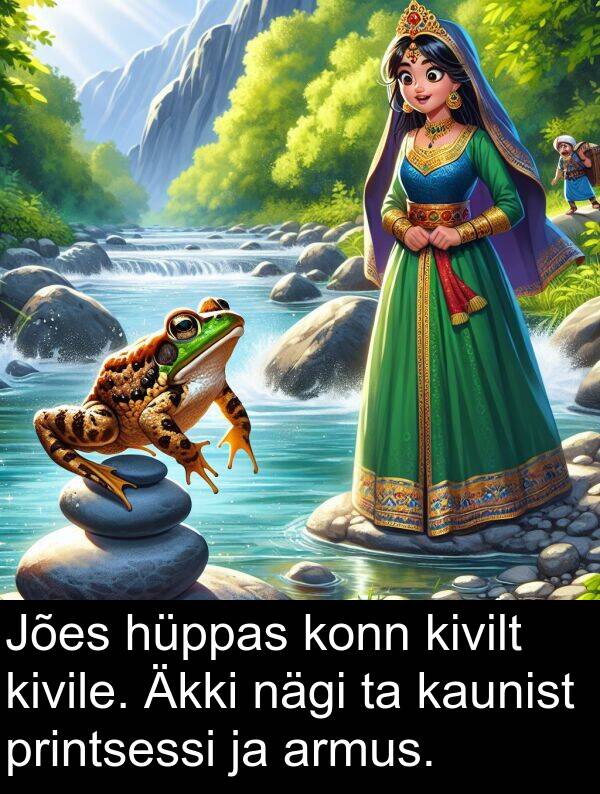 kivilt: Jões hüppas konn kivilt kivile. Äkki nägi ta kaunist printsessi ja armus.