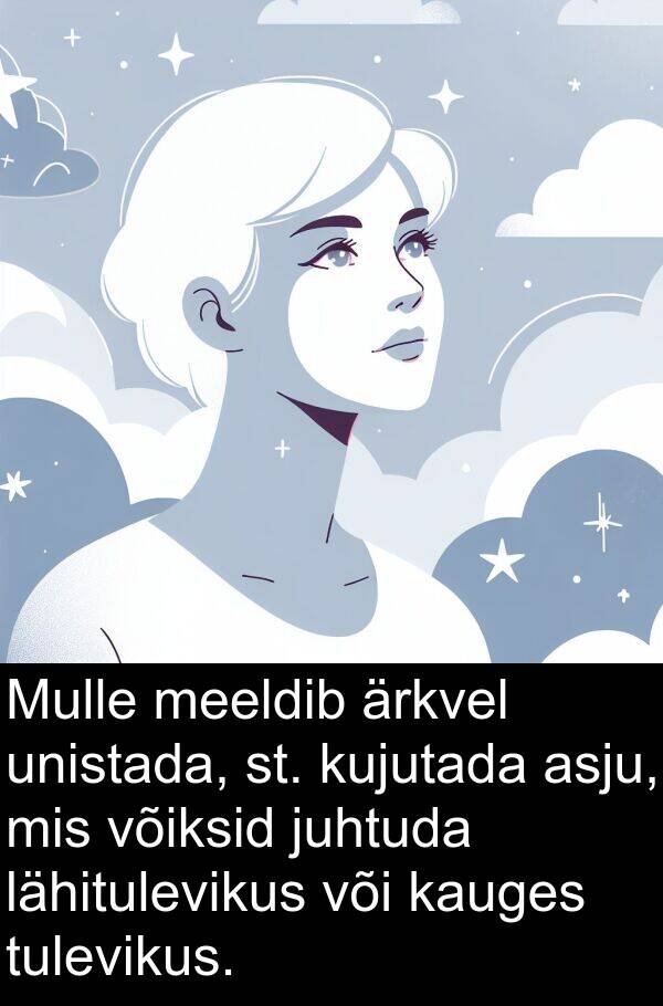 kujutada: Mulle meeldib ärkvel unistada, st. kujutada asju, mis võiksid juhtuda lähitulevikus või kauges tulevikus.