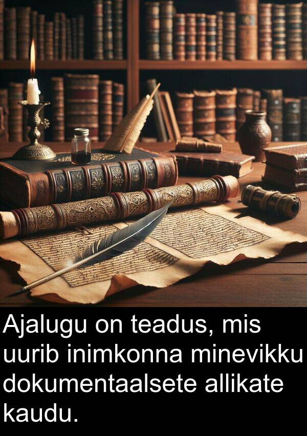 uurib: Ajalugu on teadus, mis uurib inimkonna minevikku dokumentaalsete allikate kaudu.