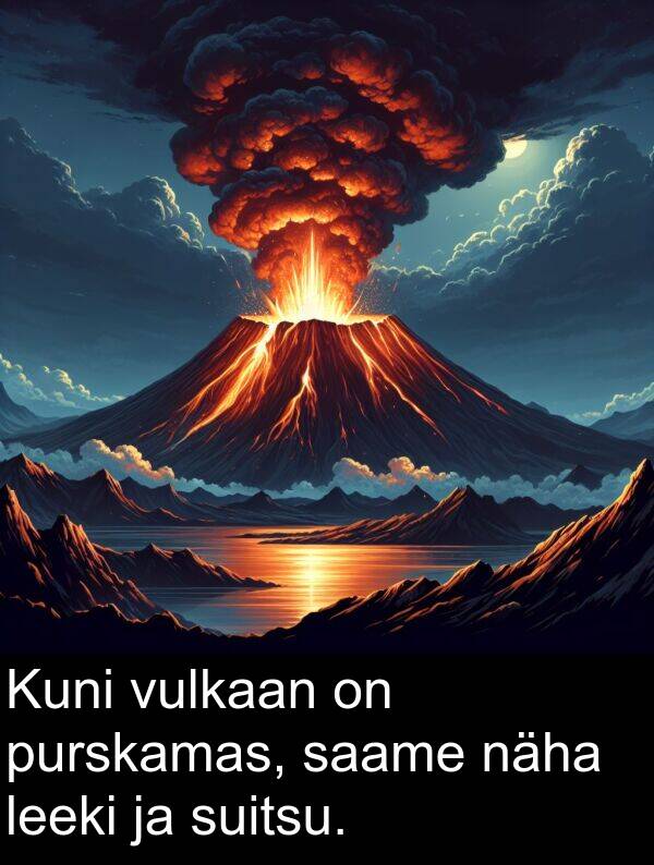 purskamas: Kuni vulkaan on purskamas, saame näha leeki ja suitsu.