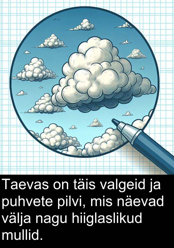 pilvi: Taevas on täis valgeid ja puhvete pilvi, mis näevad välja nagu hiiglaslikud mullid.