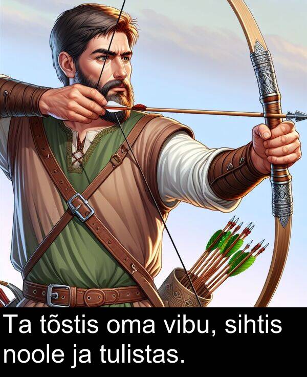 tulistas: Ta tõstis oma vibu, sihtis noole ja tulistas.