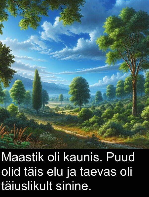 elu: Maastik oli kaunis. Puud olid täis elu ja taevas oli täiuslikult sinine.