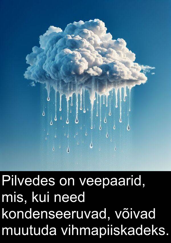 vihmapiiskadeks: Pilvedes on veepaarid, mis, kui need kondenseeruvad, võivad muutuda vihmapiiskadeks.