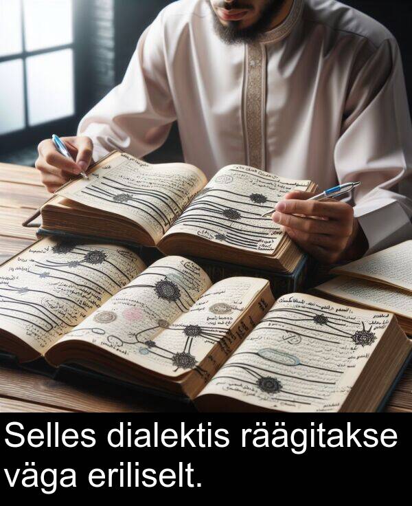 eriliselt: Selles dialektis räägitakse väga eriliselt.