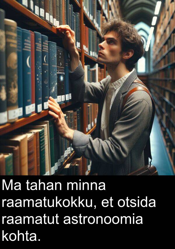 raamatukokku: Ma tahan minna raamatukokku, et otsida raamatut astronoomia kohta.