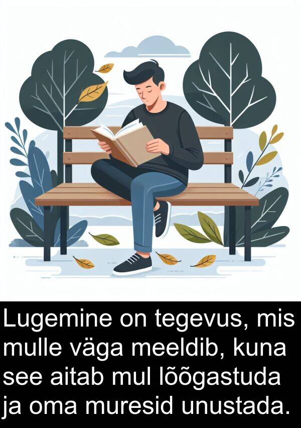 kuna: Lugemine on tegevus, mis mulle väga meeldib, kuna see aitab mul lõõgastuda ja oma muresid unustada.