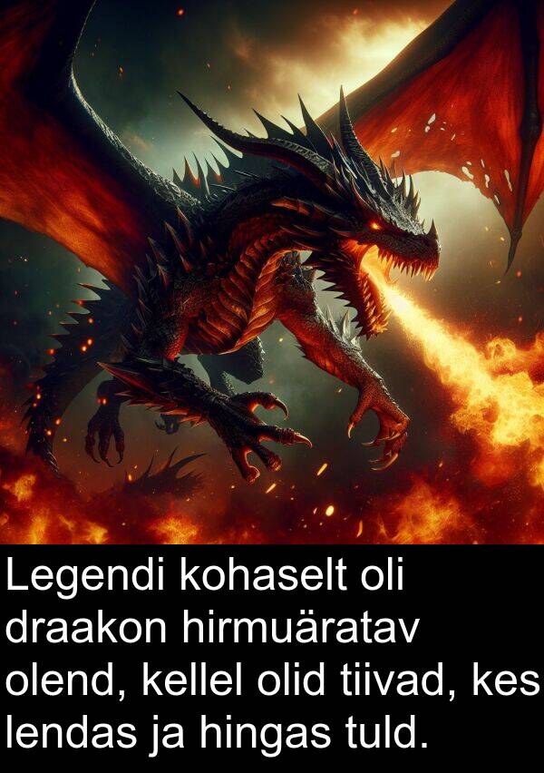 draakon: Legendi kohaselt oli draakon hirmuäratav olend, kellel olid tiivad, kes lendas ja hingas tuld.