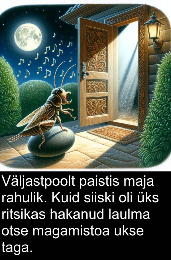ritsikas: Väljastpoolt paistis maja rahulik. Kuid siiski oli üks ritsikas hakanud laulma otse magamistoa ukse taga.