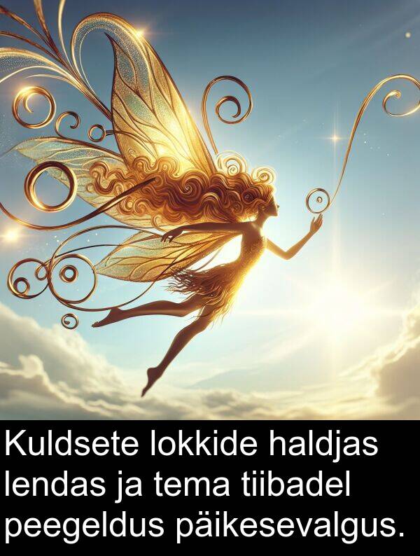 haldjas: Kuldsete lokkide haldjas lendas ja tema tiibadel peegeldus päikesevalgus.