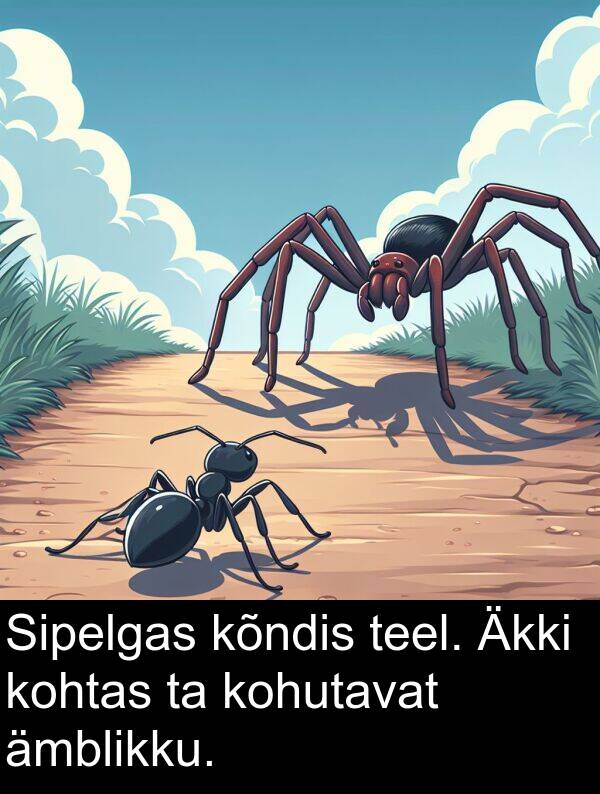 kohutavat: Sipelgas kõndis teel. Äkki kohtas ta kohutavat ämblikku.