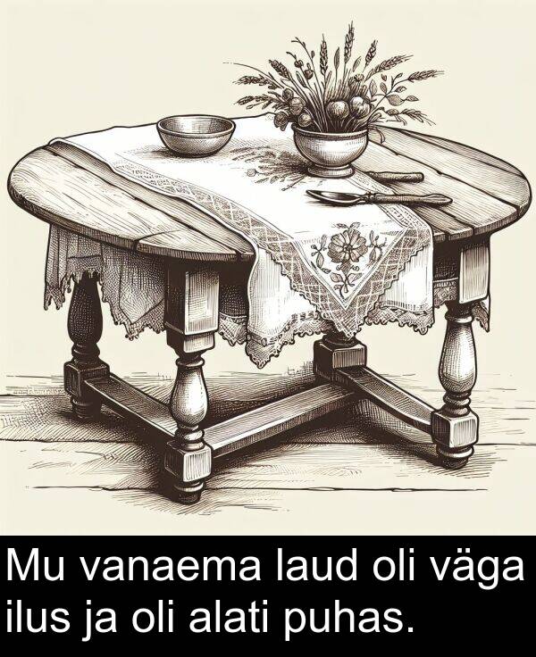 puhas: Mu vanaema laud oli väga ilus ja oli alati puhas.