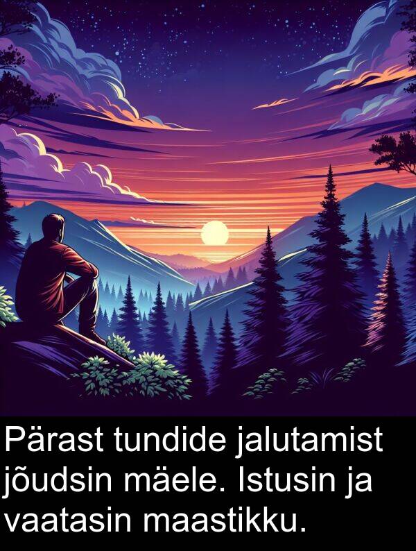 jalutamist: Pärast tundide jalutamist jõudsin mäele. Istusin ja vaatasin maastikku.