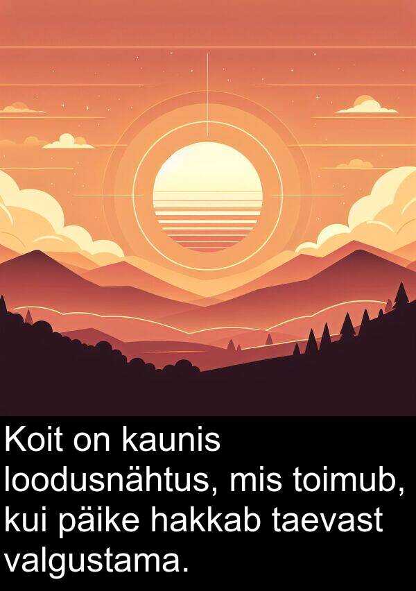 loodusnähtus: Koit on kaunis loodusnähtus, mis toimub, kui päike hakkab taevast valgustama.