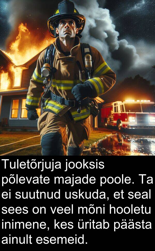 põlevate: Tuletõrjuja jooksis põlevate majade poole. Ta ei suutnud uskuda, et seal sees on veel mõni hooletu inimene, kes üritab päästa ainult esemeid.