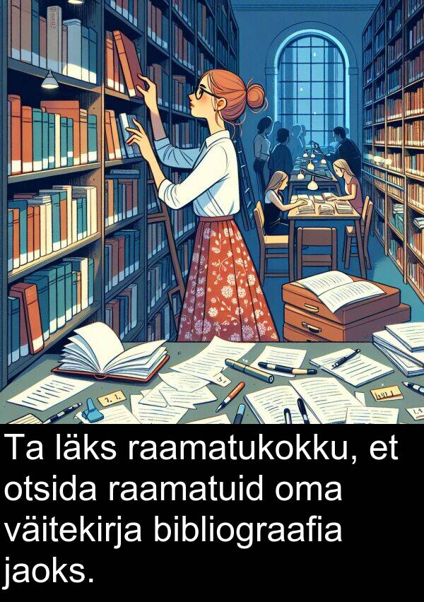 bibliograafia: Ta läks raamatukokku, et otsida raamatuid oma väitekirja bibliograafia jaoks.