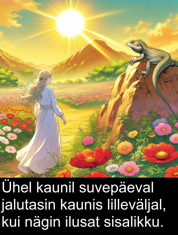 suvepäeval: Ühel kaunil suvepäeval jalutasin kaunis lilleväljal, kui nägin ilusat sisalikku.